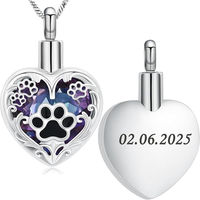 Heart Urn Necklace For Ashes Birthstone Pet Memorial Jewelry Dog Paw Print Cremation Pendant Stainless Steel Keepsake Gift For Pet Lovers