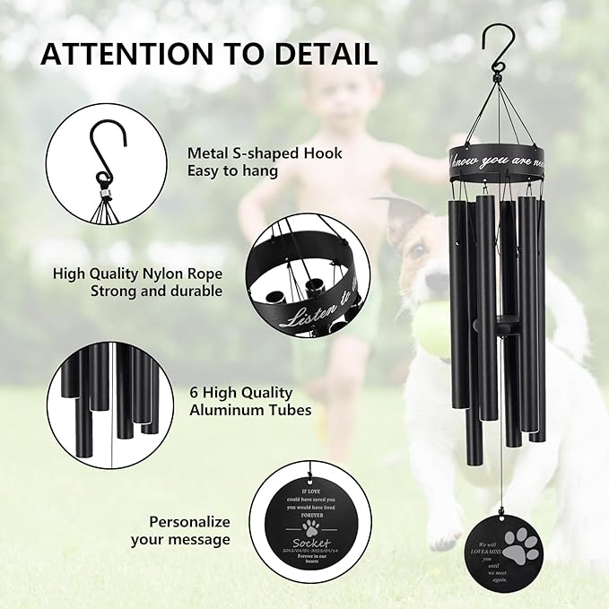 Pet Personalized Name 30" Wind Chimes, Produced in USA Pet Memorial Gifts for Loss of Dogs, Custom Dog Remenbrance Gift in Memory, Sympathy Family Love Pets Dog Cat Gift for Son Daughter