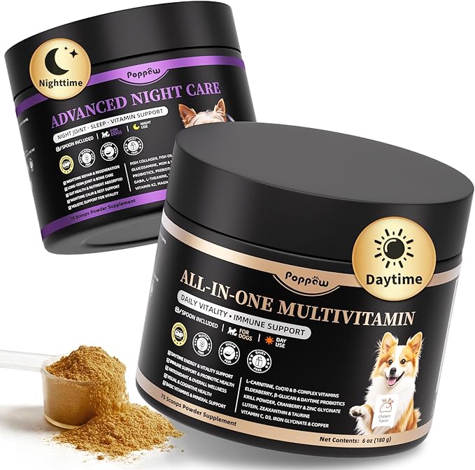 25-in-1 Dog Vitamins and Supplements - Day & Night 2 Pack - Dog Multivitamin Powder with Collagen, Glucosamine, Probiotics - Joint, Gut, Calm, Skin & Immune Support, Chicken Flavor, 150 Scoops