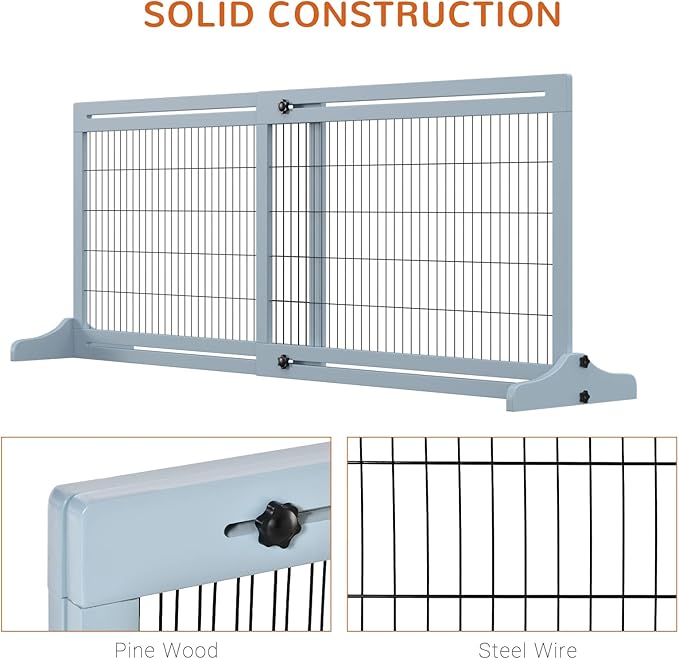 PawHut 72" W x 27.25" H Extra Wide Freestanding Pet Gate with Adjustable Length Dog, Cat, Barrier for House, Doorway, Hallway, Blue-Gray