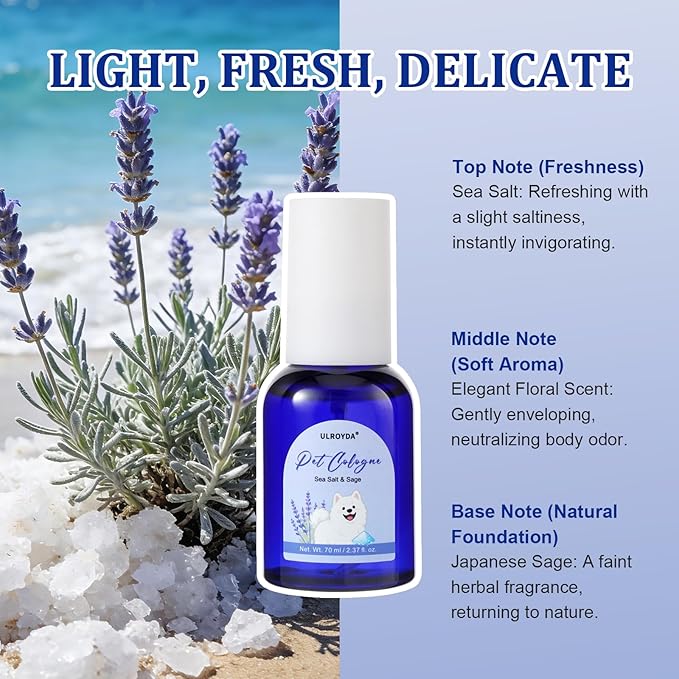 Pet Cologne Spray, Sea Salt & Sage Dog Perfume, Natural Ocean Scent, Deodorizing Grooming for Dogs and Cats, Alcohol-Free, Between Baths Freshener, 2.37 fl oz