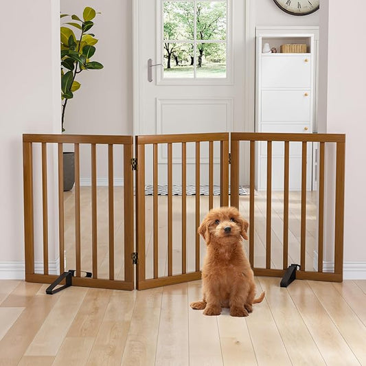 Semiocthome Freestanding Dog Gate 24“Tall, Walnut Foldable Dog Gates for Doorways Stairs Indoor, Wooden 3 Panels Pet Gates for Dogs with 2 Metals Stands, Fully Assembled Door Gates Fences