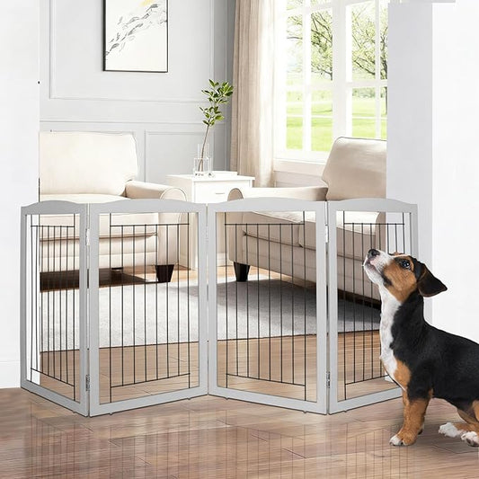 ZJSF Freestanding Foldable Dog Gate for House Extra Wide Wooden Grey Puppy Gate Stairs Dog Gates Doorways Tall Pet Gate 32" Height 4 Panels Pet Fence