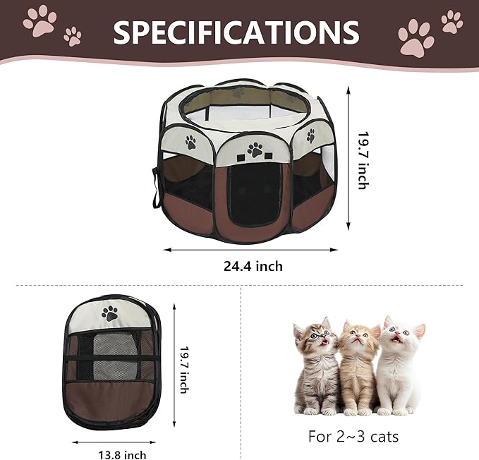Cat Dog Playpen, Puppy Pet Playpen Indoor for Small Dog Crate Tent Cage Outdoor, Portable Pop Up Dogs Enclosure Kennel with Carrying Case for Dogs/Cats/Rabbits Brown.