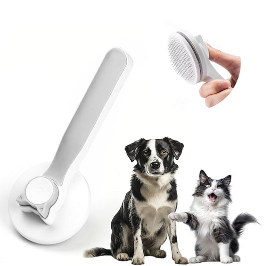 Self-Cleaning Cat and Dog Grooming Brush - Fur Removal, Gentle on Skin. Ergonomic Design with Stainless Steel Bristles. Suitable for All Coat Types - Durable, Long-Lasting Pet Brush (Gray)