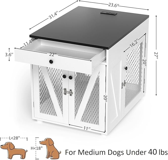 VOWNER Dog Crate Furniture, Wooden Dog Kennel End Table with USB Charging Station, Storage Drawer, Double Latched Door, Furniture-Style Crate Side Table for Medium Dogs Under 40 lbs Indoor Use, White