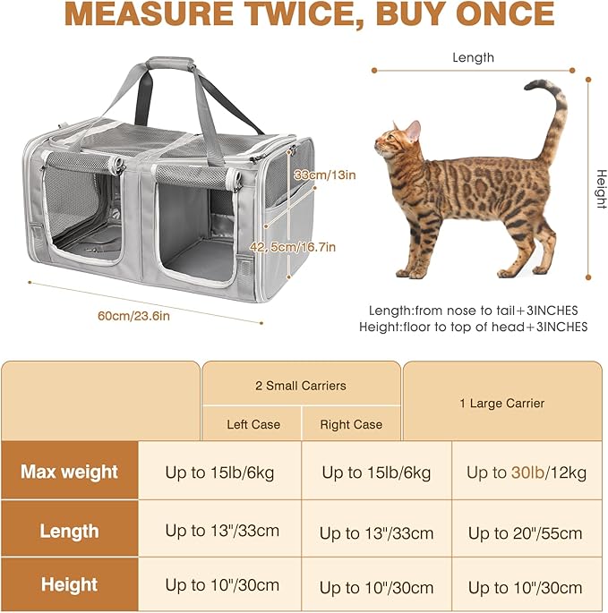 Cat Carrier for 2 Cats with Litter Box, Large Cat Travel Carrier for Car Travel, Double-Compartment Soft Pet Carrier with Breathable Mesh, up to 30lb - for Car, Vet Visits & Camping