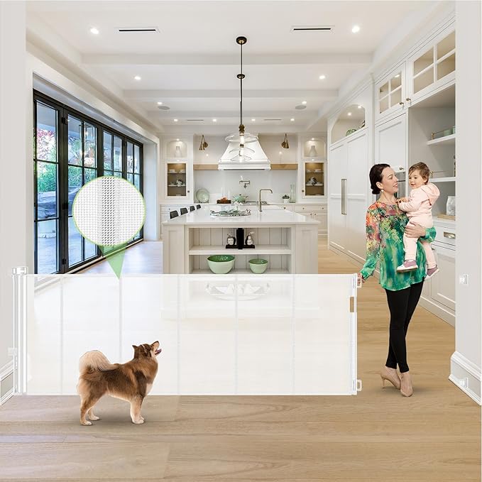 Reinforced 120 Inch Extra Long Retractable Baby & Dog Gate with Support Rods Prevents Crawling Under, 10 Ft Wide for Large Openings, Indoor/Outdoor Gate, White