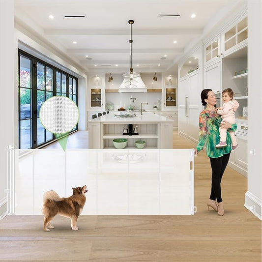 Reinforced 120 Inch Extra Long Retractable Baby & Dog Gate with Support Rods Prevents Crawling Under, 10 Ft Wide for Large Openings, Indoor/Outdoor Gate, White