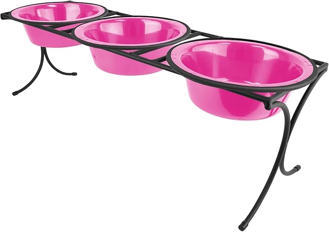 Platinum Pets 4 Cup Bistro Triple Raised Feeder with Stainless Steel Wide Rimmed Bowls, Bubblegum Pink
