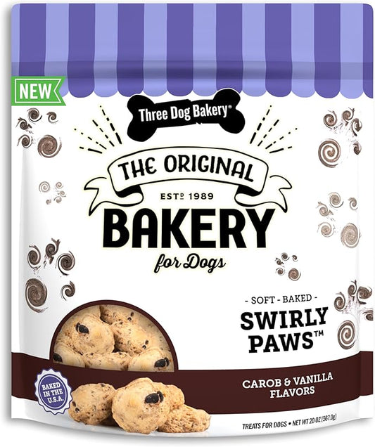 Three Dog Bakery Swirly Paws, Soft-Baked Puppy Training Treats with Carob Chip & Vanilla, Biscuits for Dogs