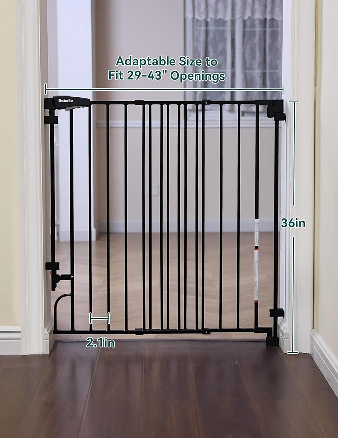 Babelio Removable & No Bottom Bar Baby Gate, 29-43", 36" H Hardware Mounted (Drill Needed)| Wide Walk-Thru| Auto-Close Safety Dog/Pet Gate for Stairs & Doorways (Black)