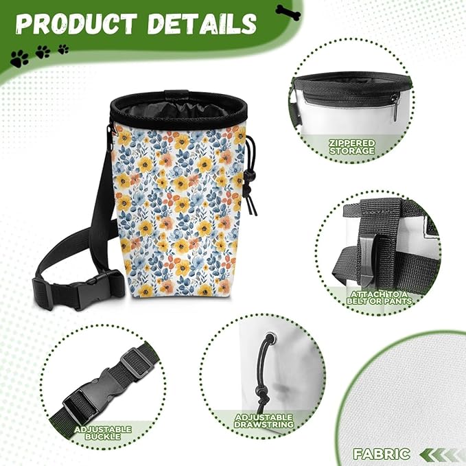 Colorful Floral Puppy Training Pouch 3 Ways to Wear, Hands-Free Design Dog Treat Pouch Pocket Sized Dog Training Treat Pouch Bag Dog Treat Carrier Holder with Waist Belt Shoulder Strap