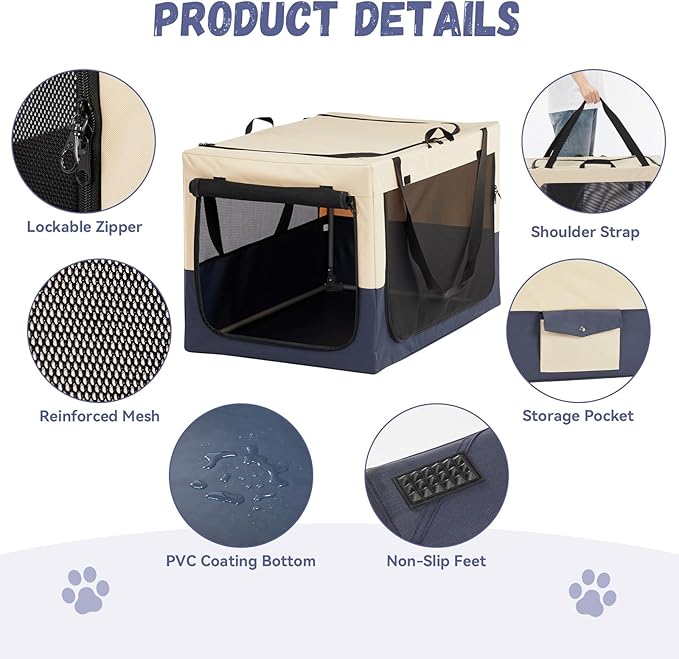 36" Collapsible Dog Crate for Large Dogs - Portable Soft Travel Kennel with Lockable Zippers, Waterproof Base, Washable Cover, Patented Screw Frame for Adjustable Tension, Outdoor, Indoor, Car Use