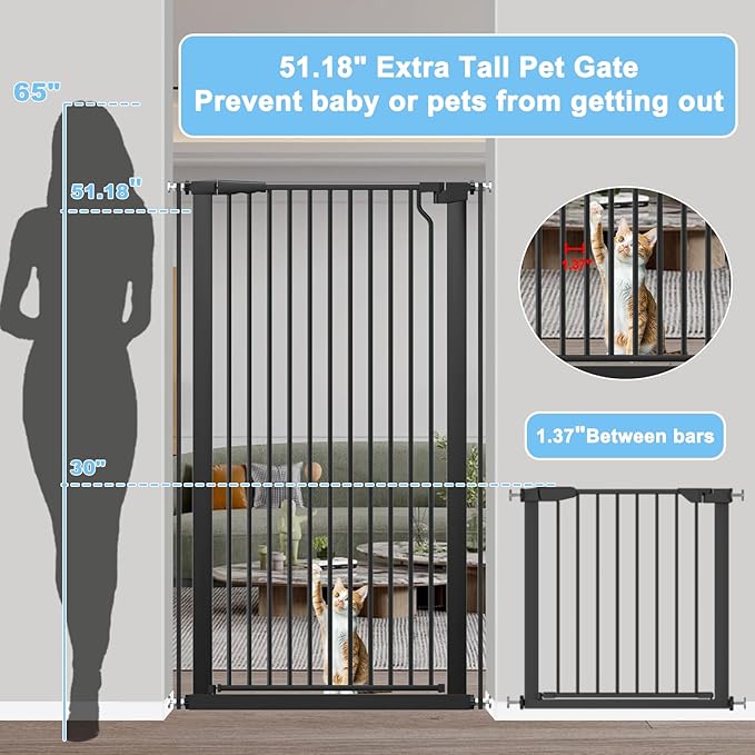 51.18" Extra Tall Cat Gate for Doorway,29.5"- 32.6" Wide Auto Close Tall Pet Gate No Drilling Pressure Mounted for Hallway Kitchen,Black