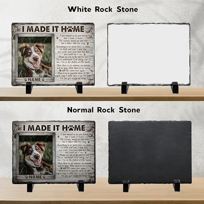Personalized Rock Plaque: 'I Made It Home' - White Memorial Stone Gifts for Loss of Your Beloved Pet, Sentimental Dog and Cat Grave Markers in Our Hearts, House Decoration