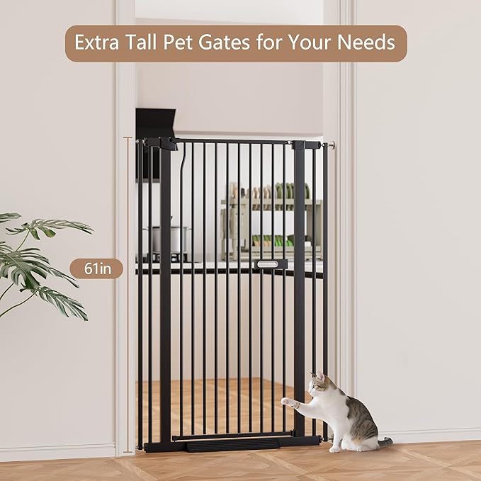 61" Extra Tall Dog Gate Indoor for Doorways, 30.1-33.8" Wide Auto Close Cat Pet Gate Indoor for Stairs, No Drilling High Pressure Mounted for Hallways/Kitchen, Narrow Bar Spacing, Black