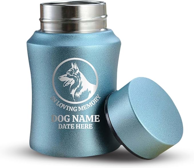 Customized Small Keepsake Urn Personalized Engraved with Pet Name, Date, and Dog Design - 4" Cremation Mini Compact Urn for Dogs Ashes | 5–10 Lbs Capacity | Powder Blue, German Shepperd Silhouette