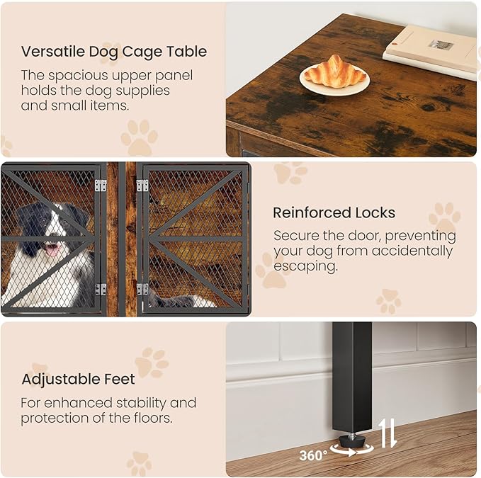 71 Inch Double Dog Crate Furniture for 2 Dogs, Wooden Dog Crate End Table for Medium/Large Dogs, Dog Kennel Furniture with Divider & Double Metal Doors, Rustic Brown and Black TGW02BF