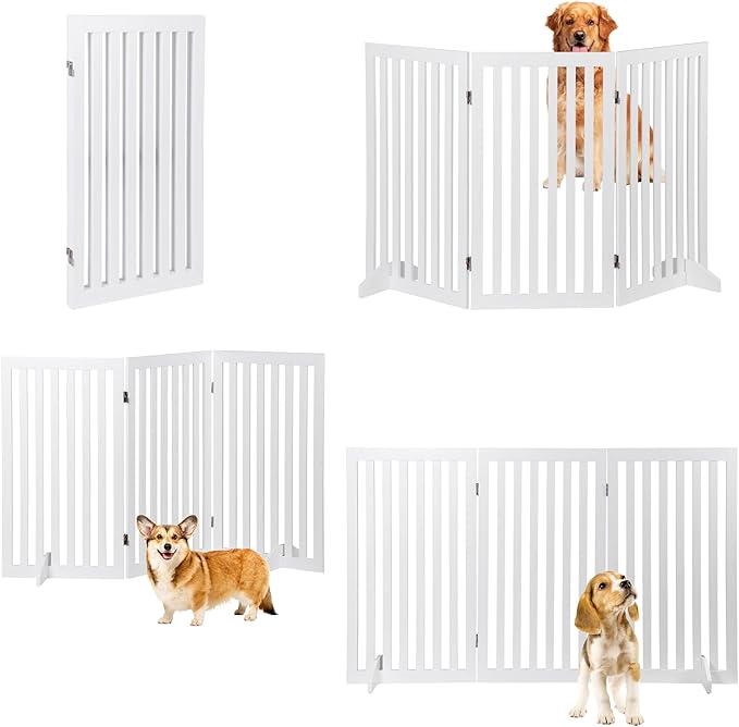 Freestanding Pet Dog Gate, 3-Panel/ 4-Panel Wooden Folding Fence for Hallway,Doorway,Hall,Stair,24 Inch Height Indoor Foldable Dog Fence