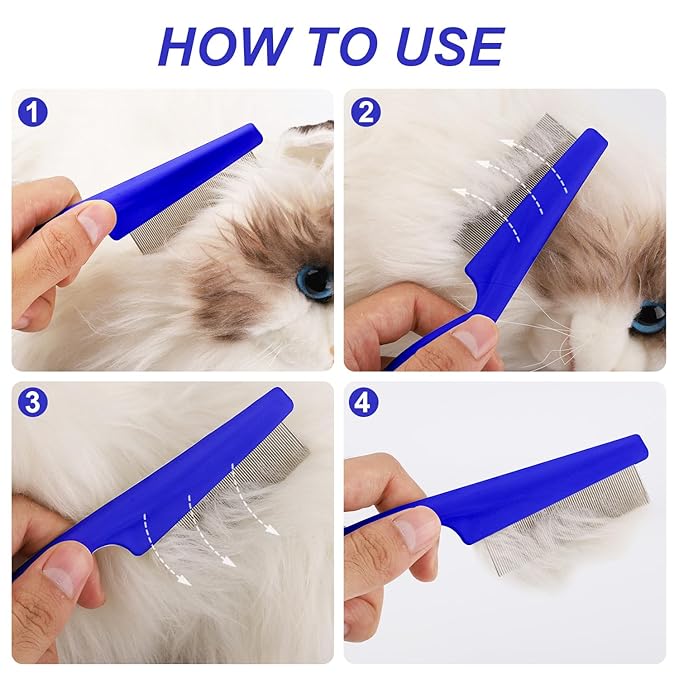 Pet Hair Comb, 2 in 1 Multifunctional Pet Hair Comb for Grooming and Dehairing, Flea and Tear Stain Removal, Stainless Steel and ABS Material, Pack of 2, Blue