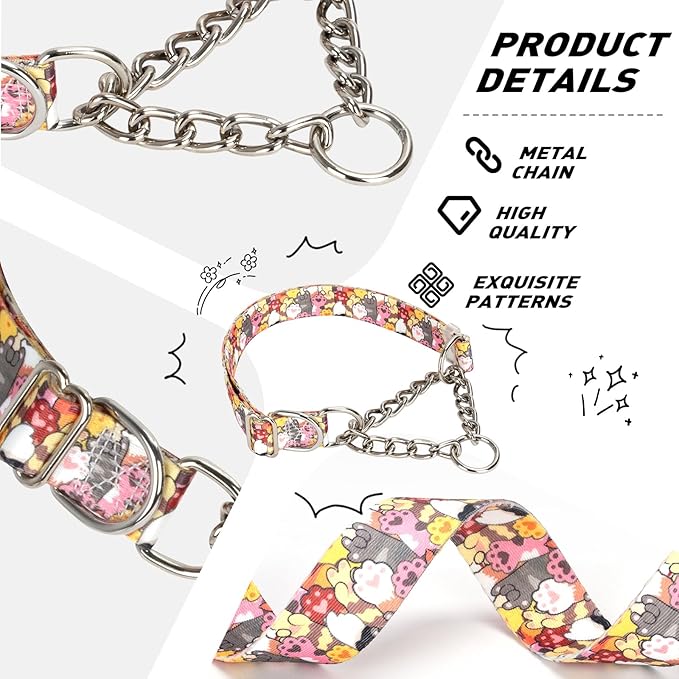 No-Pull Dog Training Collar with Chain, Choke Collar for Medium & Large Dogs - Cute Dog paw Design Pattern (Size Medium)