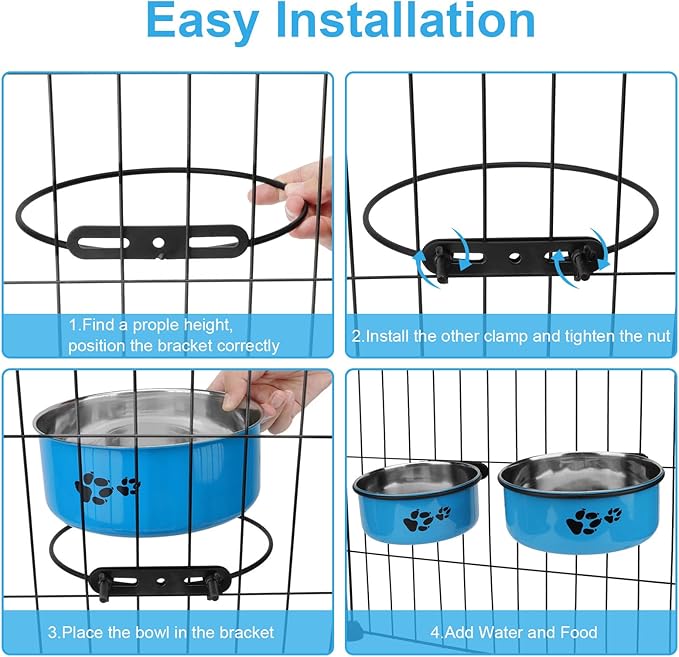 Stainless Steel Dog Crate Bowls Hanging No Spill 2 PCS - Adjustable Mountable Kennel Bowls for Medium/Large Dogs, Anti Spill Water & Food Bowl Set (Blue, L(6.3"+7.1"))
