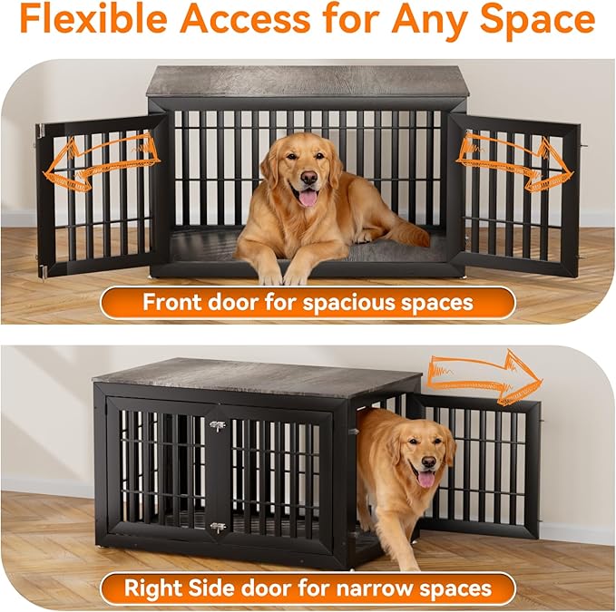 48" Heavy Duty Dog Crate Furniture for Small,Medium and Large Dogs,Rustic Wooden Dog Cage Kennel Indoor Furniture with Waterproof Top,Decorative Pet House Side End Table (Black & Grey)