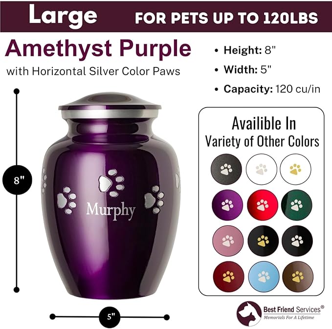Ottillie Paws Premier Series Pet Urn for Dogs with Personalized Laser Engraving (Large - Pets up to 115 lbs, Amethyst Purple with Horizontal Pewter Paws)