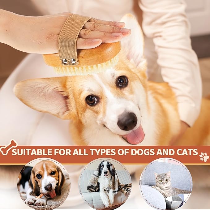 Suclain 2 Pcs Soft Dog Brush Boar Bristle Pet Brush for Short Haired Puppy and Cats with Band, Reduce Shedding, Dog Reduces Stress and Easy to Hold on Your Wrist, Ideal Grooming Supplies