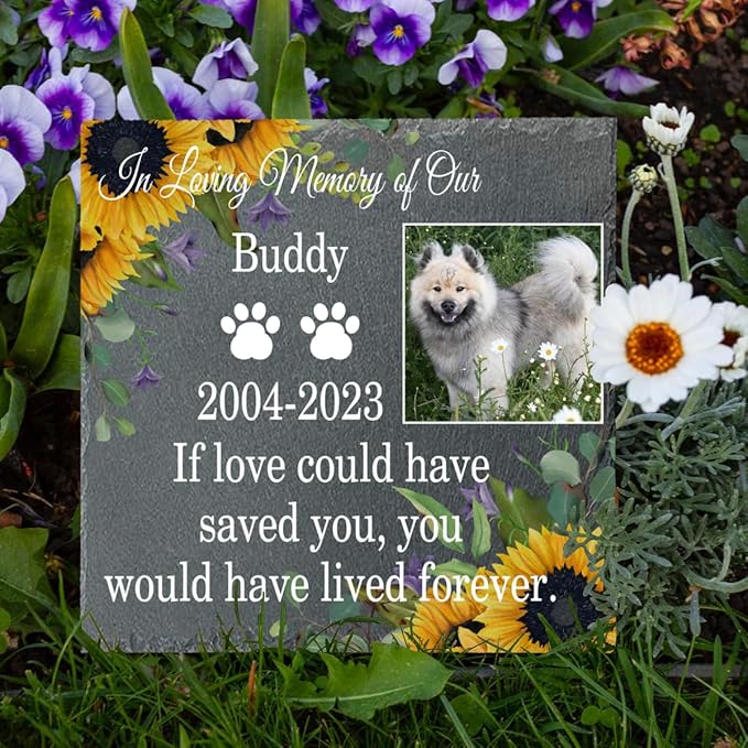Pet Memorial Garden Stone Photo, Customized Pet Sunflowers Memorial Gifts for Loss of Dog Cat, Pet Grave Marker Headstone
