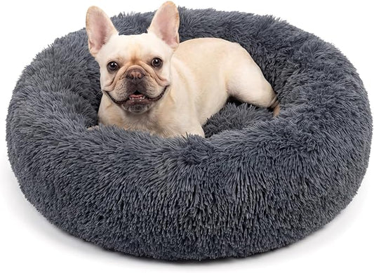 Calming Donut Dogs Beds for Medium Dogs up to 45 lb,30inch Anti-Slip Plush Round Dog Bed with Raised Rim,Fluffy Faux Fur Pet Bed for Cozy Sleep,Dark Grey