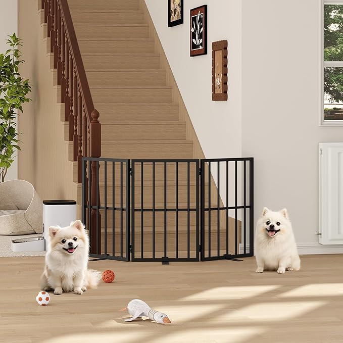 Dog Gate Indoor, Freestanding Foldable Pet Gate for The House, Doorway, Stairs, 48.2" W x 23.6" H Metal Step Over Fence with Support Feet, 3-Panel Pet Puppy Safety Fence, Black DGBK6001