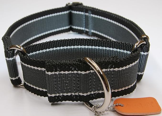 Martingale Collar 1.5 Inch Wide 1600D Extra Strong Anti Escape Nylon Dog Collar, No Pull Heavy Duty Pet Collars with 3-Color Stripe for Medium Dogs (M, Gray Blue & Black)