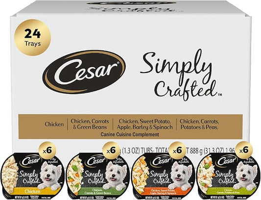 Cesar Simply Crafted Adult Wet Dog Food Toppers for Dry Food, Variety Pack, 1.3 oz Tubs, 24 Count