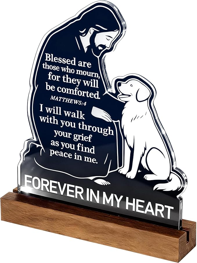 Dog Memorial Gifts for Loss of Dog – Exclusive Jesus Comforting Dogs Figurine with Bible Verse Matthew 5:4, Unique Pet Loss Sympathy Gifts, Pet Remembrance Keepsake with Walnut Wood Base for Dogs Memory Gift 6.7 x 5.9 Inch