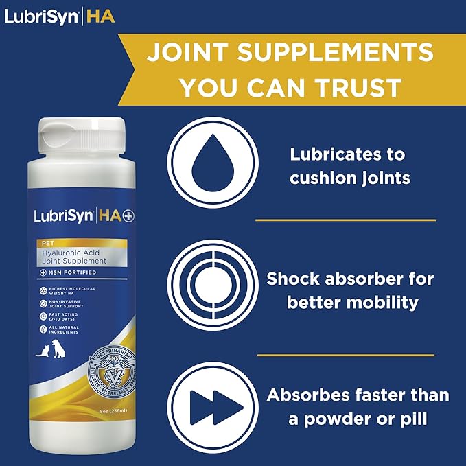LubriSynHA Hyaluronic Acid with MSM Hip & Joint Care Supplement for Dogs, Cats & Horses – Liquid Oral HA for Pets – Joint Support Promotes Mobility, Flexibility, Cartilage Health & Comfort – 8oz