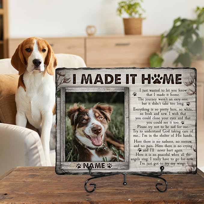 Personalized Rock Plaque: 'I Made It Home' - White Memorial Stone Gifts for Loss of Your Beloved Pet, Sentimental Dog and Cat Grave Markers in Our Hearts, House Decoration