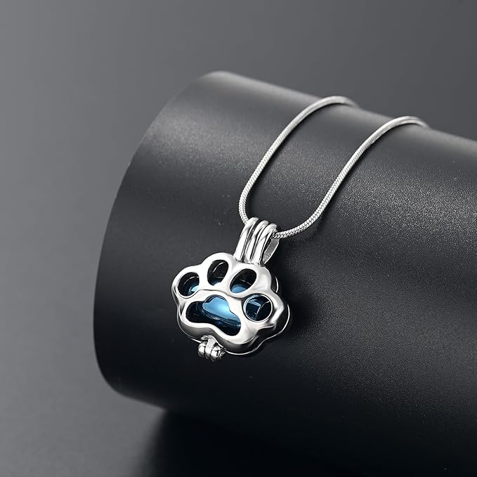 Pet Cremation Jewelry for Ashes Paw Memorial Locket Urn Necklace Keepsake Cremation Jewelry for Dog/Cat (Silver-Blue)