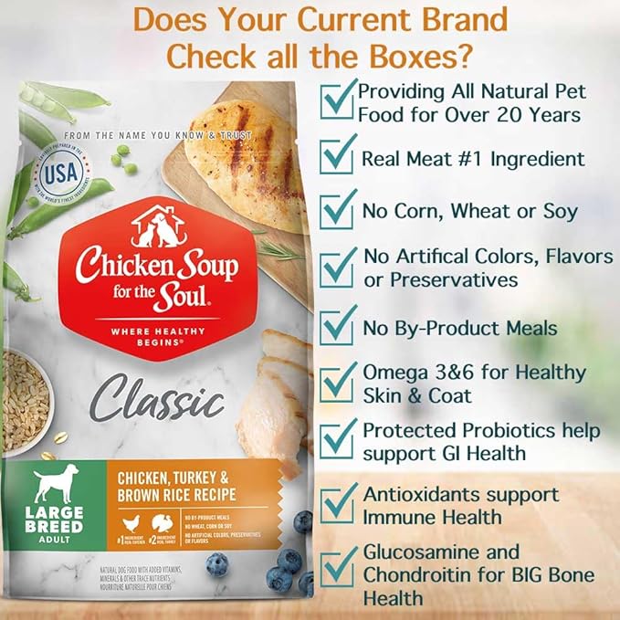 Chicken Soup for the Soul All Natural Premium Large Breed Adult Dry Dog Food, Real Meat First Ingredient, No By-Products, Supports Heart, Gut & Immune Health, Chicken, Turkey & Brown Rice, 13.5lb