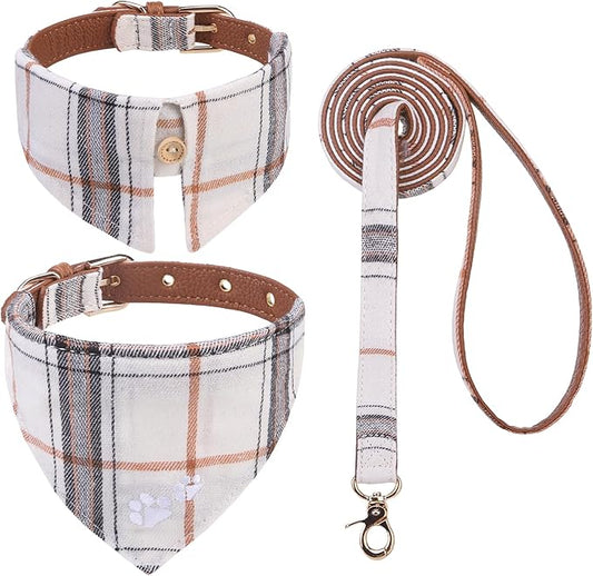 EXPAWLORER Dog Collar and Leash - Embroidery Pawprints Plaid Medium Dog Collars and Leash Set, Cute Bandana and Detachable Collar, Suitable for Small Dogs Cats Girl Boy, Cream M
