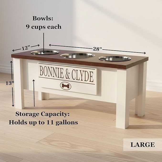 GTW Elevated 3 Bowl Dog Feeding Station - Customized Triple Stand for Large Dogs - Includes Storage & Stainless Steel Bowls (Large, Blue)
