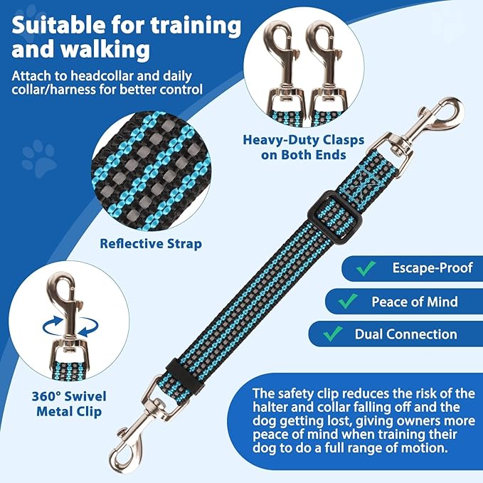 BARKLESS No Pull Dog Head Collar for Gentle Training Walking, Soft Padded Head Halter with Collar Safety Clip, Comfortable Fit Muzzle Leash with Reflective Strap for Medium Large Dog (Blue, M)