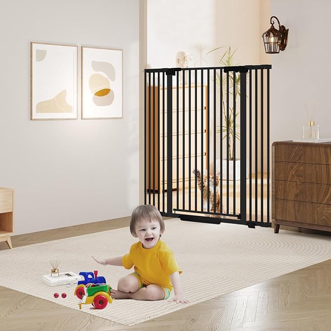 51'' Extra Tall Cat Gate Barrier for Doorways Hallways, Pressure Mounted Pet Dog Gates Ajustable Auto Close, Cat Fence Indoor Climb Proof 30-49'' Wide (Black)