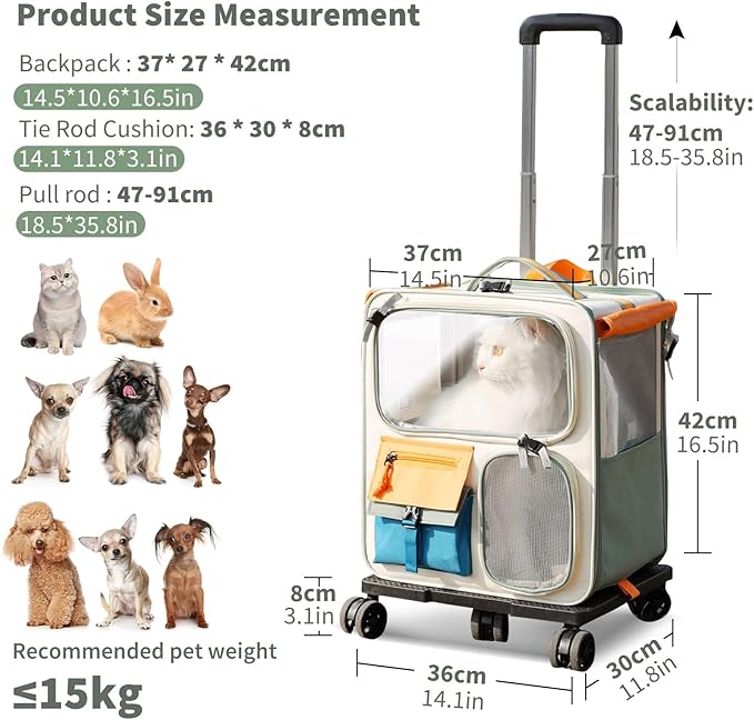 2-in-1 Wheeled Pet Carrier Backpack,Breathable Pet Carrier with Wheels,Collapsible Dog Backpack Carrier with Removable Mat,Dog Stroller Travel Carrier with Mesh Ventilation Windows
