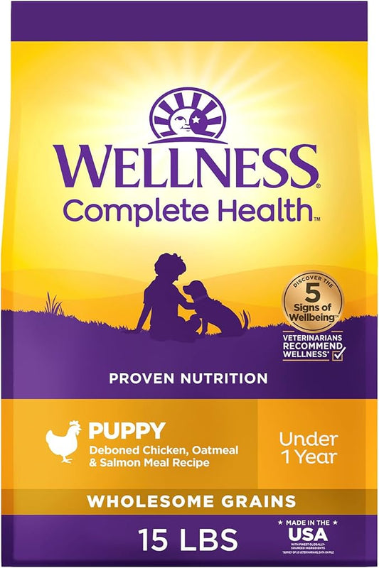Wellness Complete Health Puppy Dry Dog Food, Wholesome Grains, Natural, Chicken, Oatmeal, & Salmon Recipe, (15-Pound Bag)