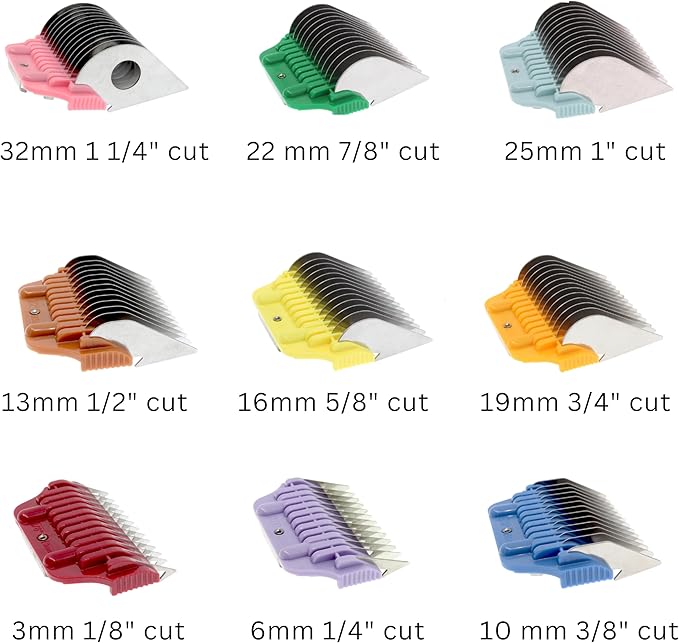 9 Wide Hair Clipper Guard Attachment Set Fits for A5 Type Blade with Colorful Coded System| Extra Long Stainless Steel Blade for Professional Stylists (Set of 9)