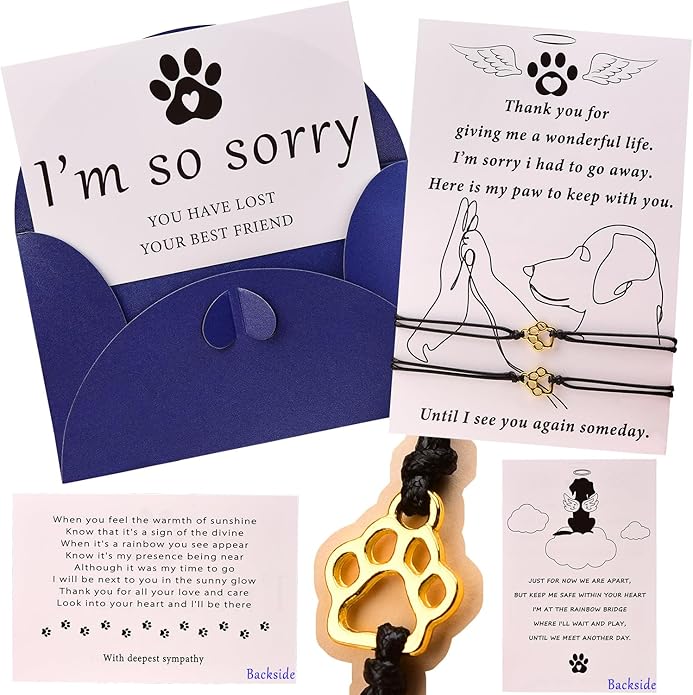 OOW Pet Memorial Gifts for Loss of Dog, Gold Paw Print Bracelets (2 Pack) for Beloved Cat, Loss of Dog Sympathy Gift, Thoughtful Dogs Remembrance, Bereavement Gifts