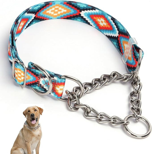 Stainless Steel Chain Martingale Collar for Dogs, No Pull Slip Cinch Choker Choke Collar Training Escape Proof Heavy Duty Dog Collar for Small Medium Large Pet Boy Male Dogs, Western Boho Aztec L