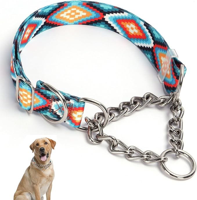 Stainless Steel Chain Martingale Collar for Dogs, No Pull Slip Cinch Choker Choke Collar Training Escape Proof Heavy Duty Dog Collar for Small Medium Large Pet Boy Male Dogs, Western Boho Aztec M